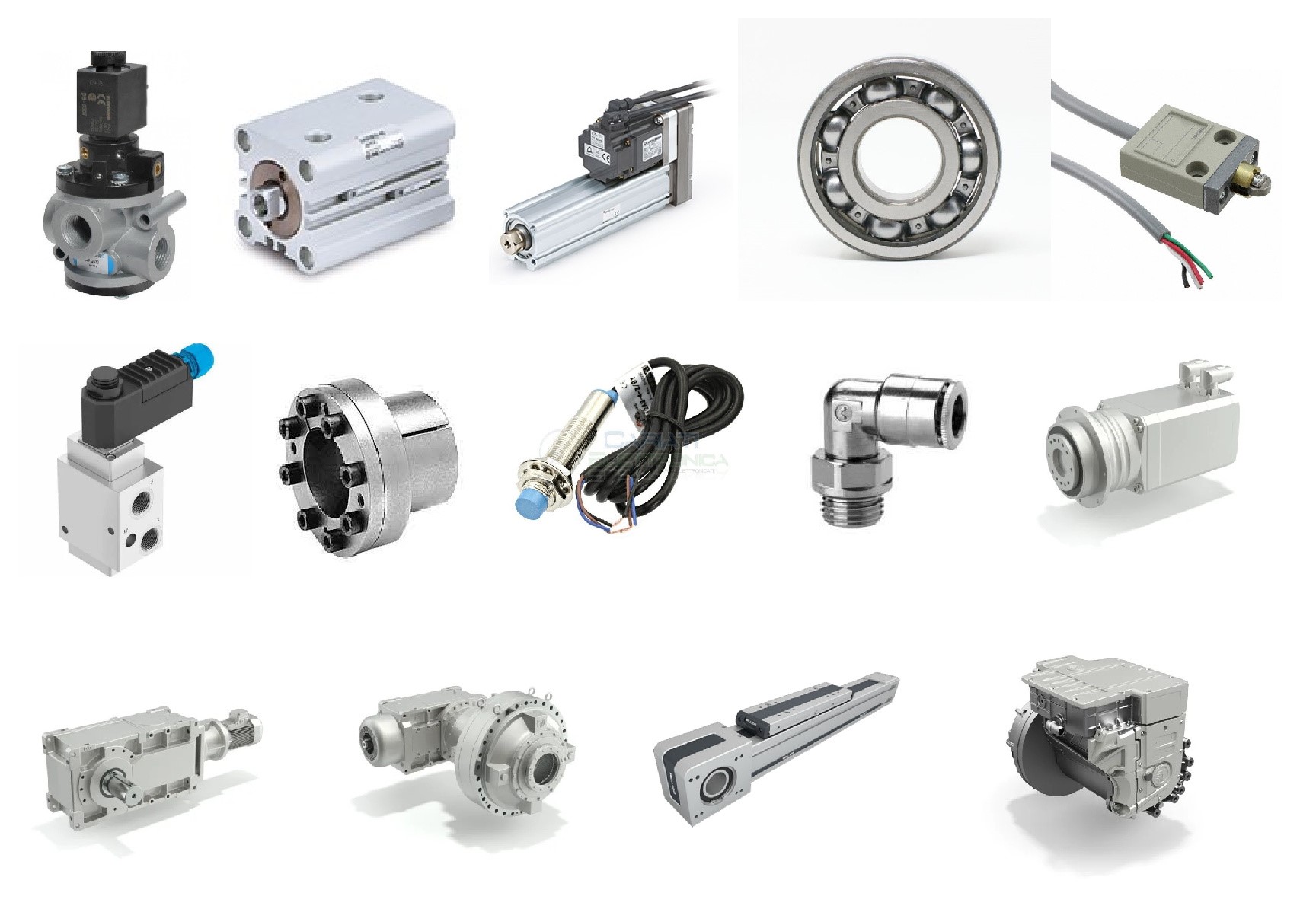 Assortment of precision engineered mechanical parts, bearings, and hydraulic components.